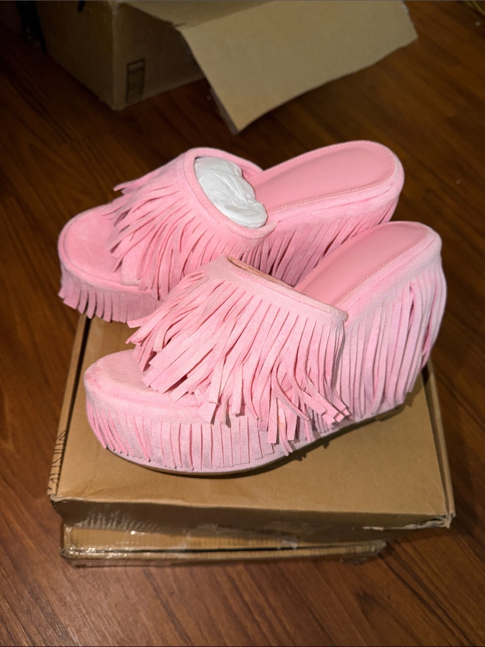 Fringe Platform Wedge Slide Sandals - Pink